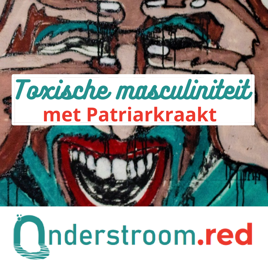 Schilderij van een man met gezichtbeharing die met het gezicht begraven in zijn handen schreeuwt van pijn. Titel: toxische mannelijkheid, met Patriarkraakt. Onderstroom.red